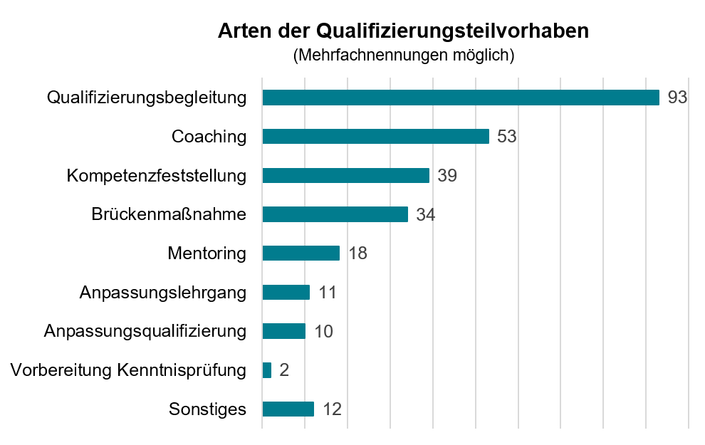 Das Diagramm zeigt die Arten der Qualifizierungsteilvorhaben: Qualifizierungsbegleitung	93, Coaching 53, Kompetenzfeststellung 39, Brückenmaßnahme 34, Mentoring 18, Anpassungslehrgang 11, Anpassungsqualifizierung 10, Vorbereitung Kenntnisprüfung 2, Sonstiges 12