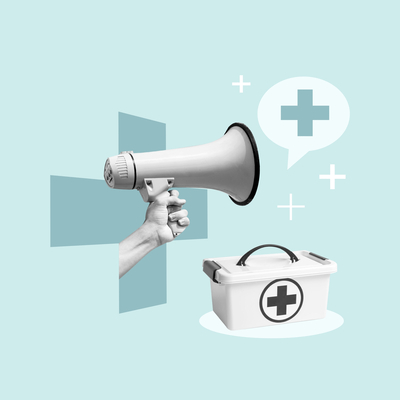 Ein Megafon und Symbole für Gesundheitswesen verdeutlichen Handlungsbedarf