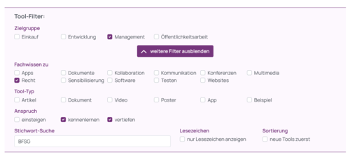 Screenshot des Toolbox-Filter für die Zusammenstellung individueller modularer Leitfäden